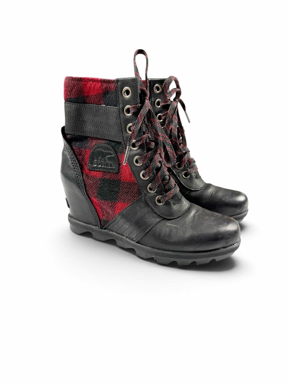 SOREL Lexie Wedge Waterproof Leather Buffalo Plaid Boots Black Red Women’s 9